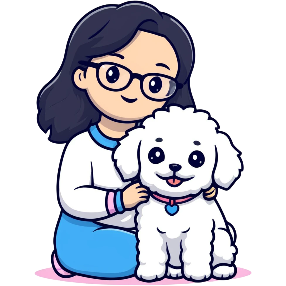 Girl with long black hair and glasses holding a white Bichon Frise dog emoji