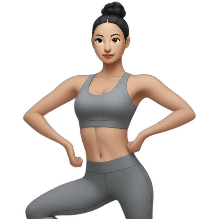 Pale skinned fit woman In a gray tight yoga suit and wristbands With black hair in a bun doing yoga emoji