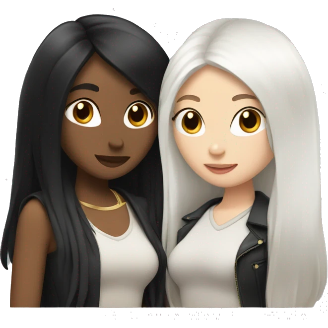A lesbian couple with white skin and long black hair flirting emoji