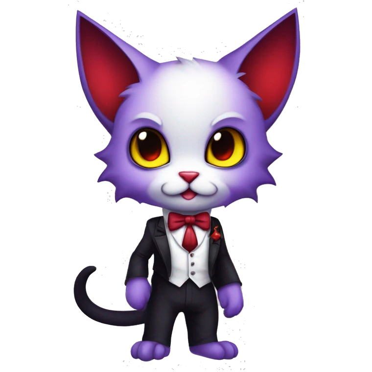 Cute-Evil-Vampiric-Batty-Cat-Black-Purple-Red-Yellow-Contrast-Colors-Fantasy-Fur-Sona-Chibi-Shiny-Fakémon-Hybrid with horns and big fangs neck bow white tie leg spats full body emoji