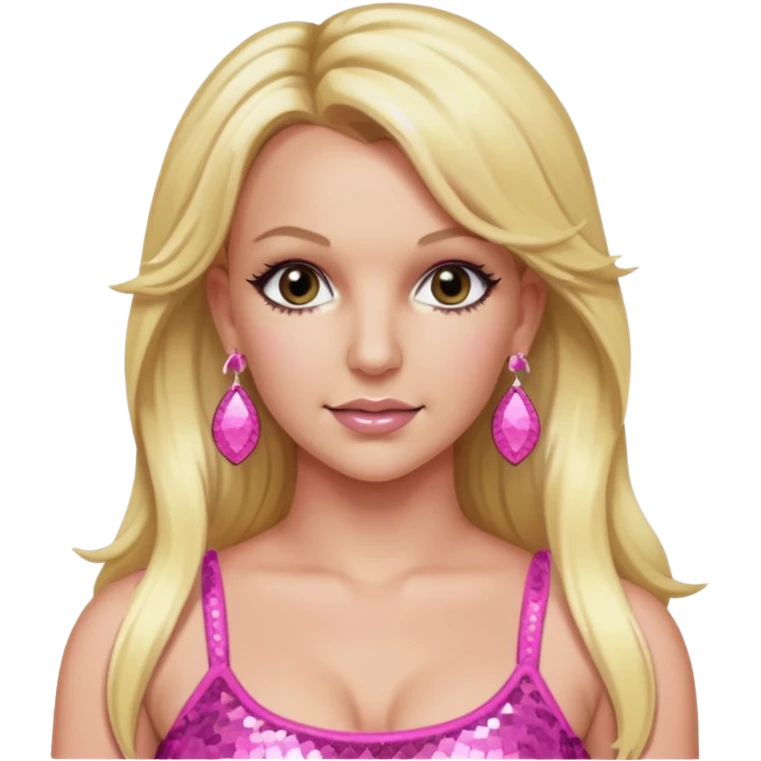 Britney Spears with long blonde hair, pink sequin crop top, pink earring emoji