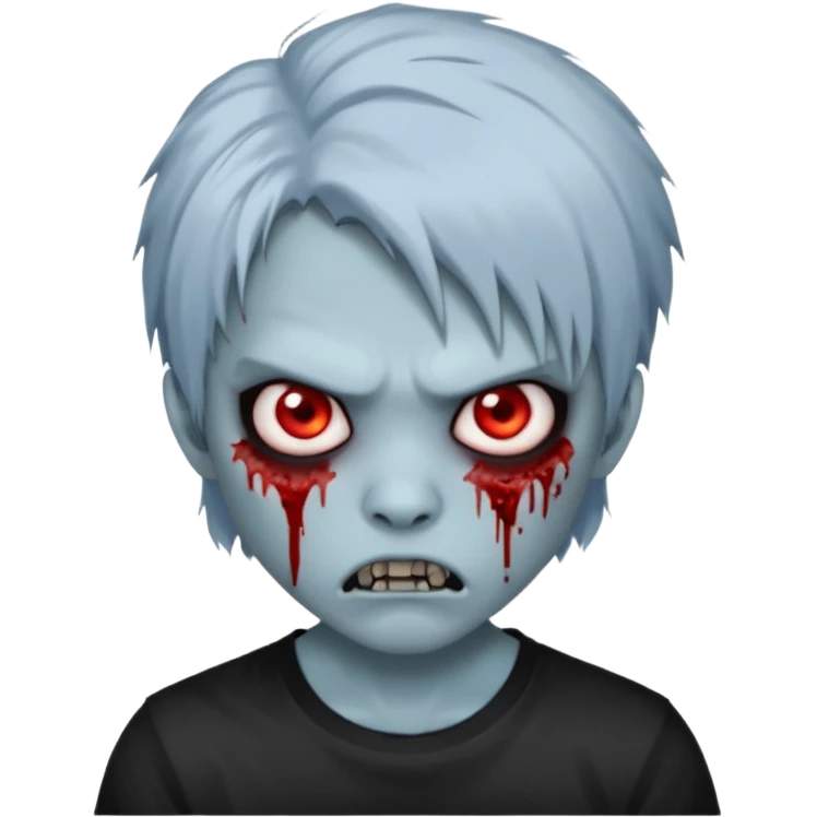 3D emoji-style avatar with very pale blue-grey zombie skin , a young Asian face, and large eyes with blood tears. Give it white litle bit messy mullet hair style , silver hoop earrings, and a plain black T-shirt. The face expression should be slightly angry, with vampire fang emoji