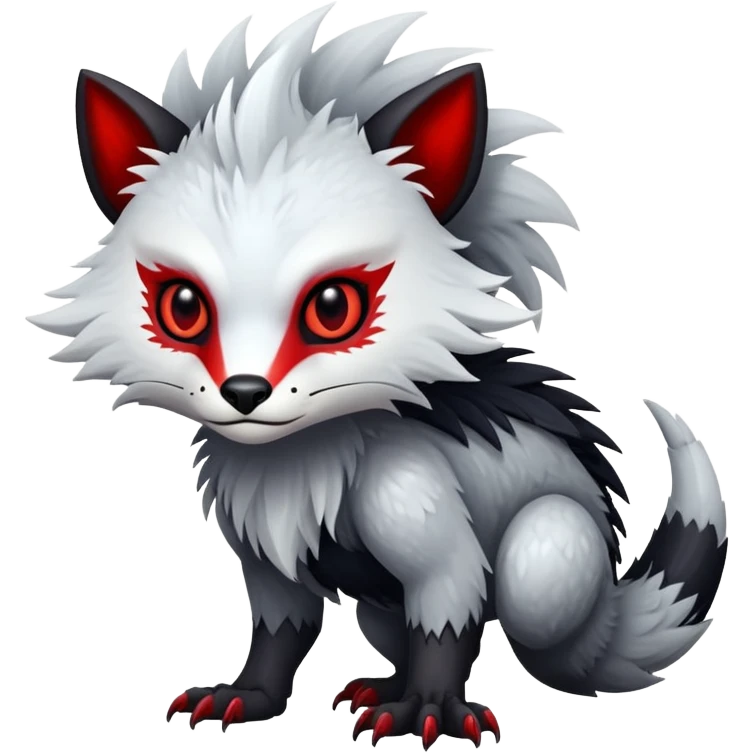 a white and silvery exotic edgy vernid-fionbr-Fakémon-creature, with black belly and red eyes, full body emoji
