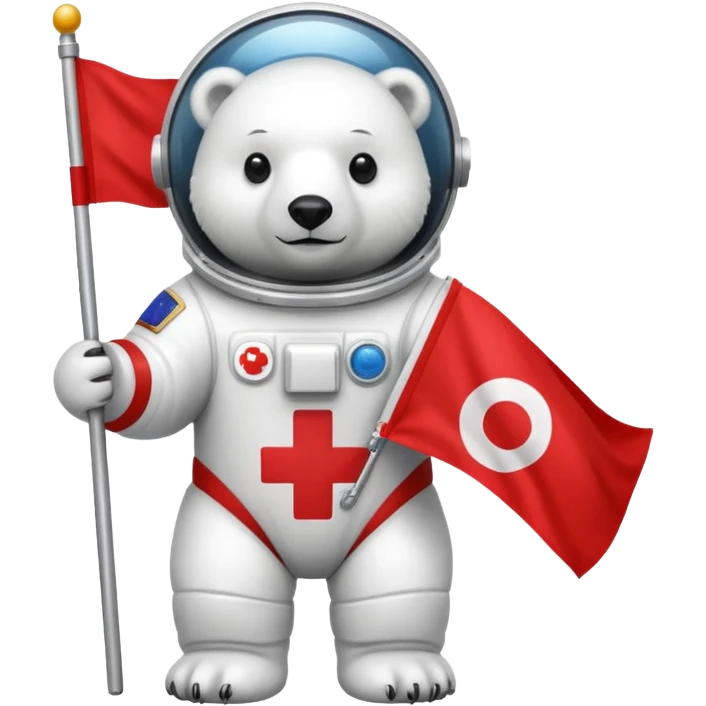 Polar bear in space suit, holding red rectangle flag emoji