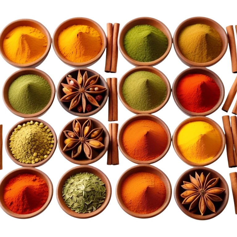 Assorted colorful spices in small bowls, including red paprika, yellow turmeric, green herbs, and brown cinnamon sticks emoji