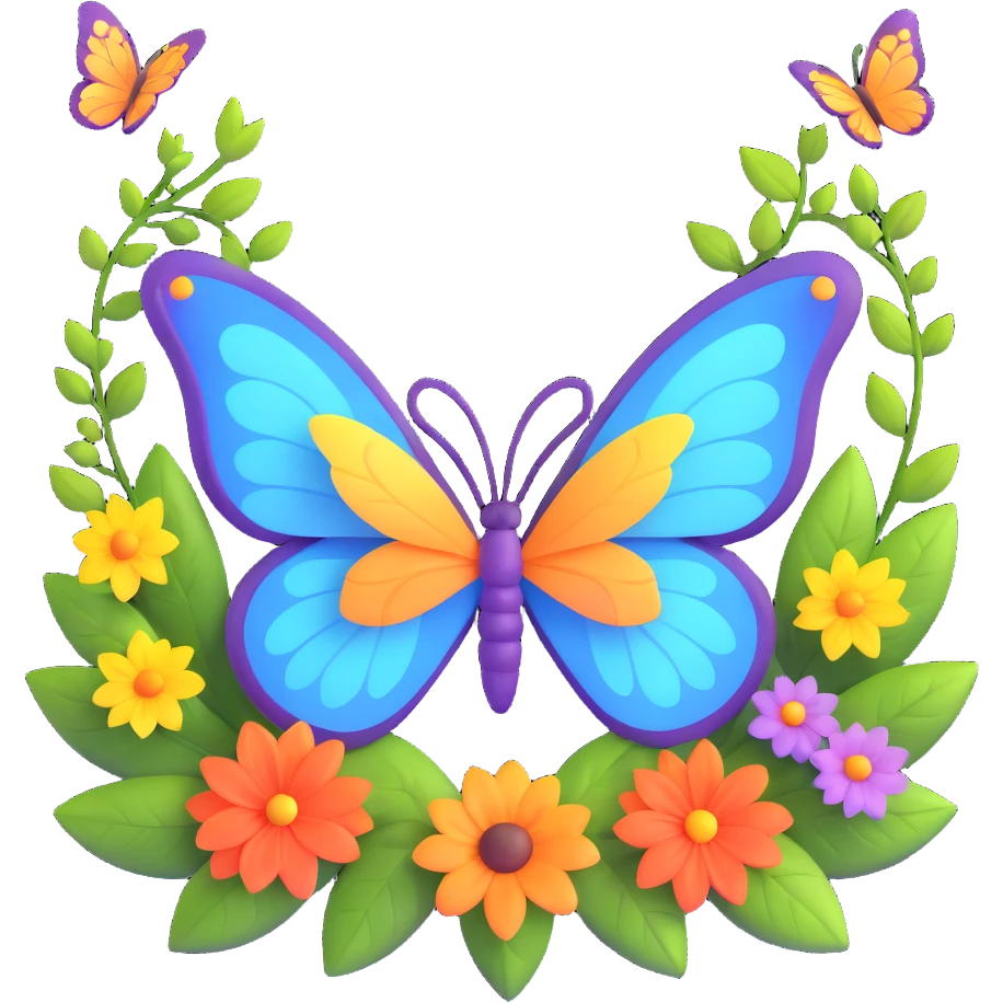 Add glowing leaves among the flowers and around the butterfly, maintaining the magical, 3D cartoon, digital fantasy art style. Keep the transparent background and all existing effects including flowers, glowing outlines, sparkling accents, magical particles, and elegant wings. emoji