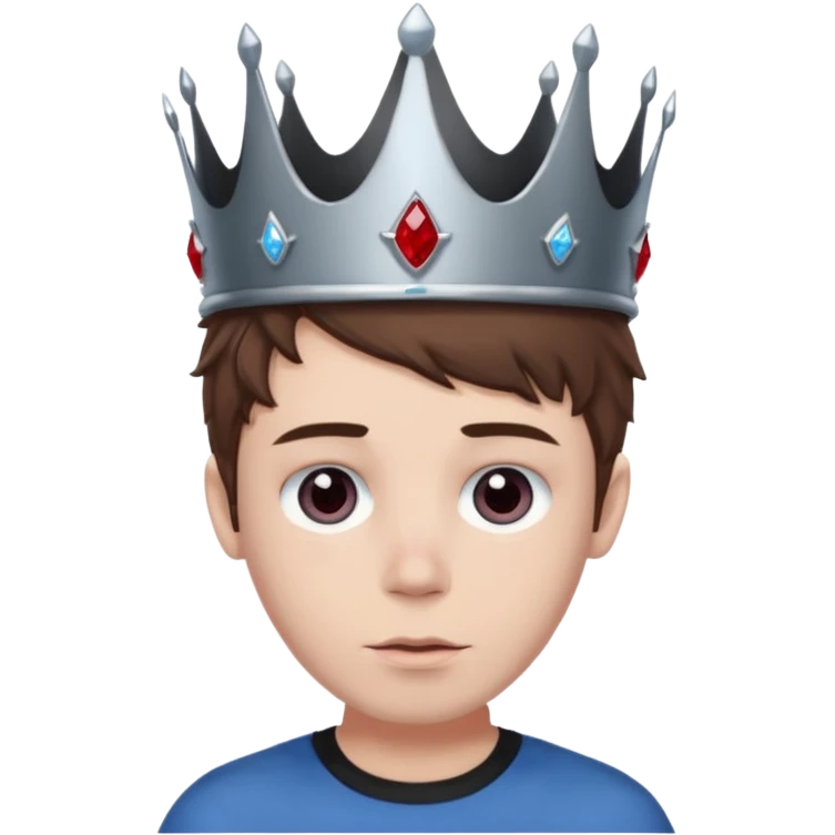 grey boy head with right eye blue and left eye red. he has messy brown hair and a silver crown with rubies on it emoji