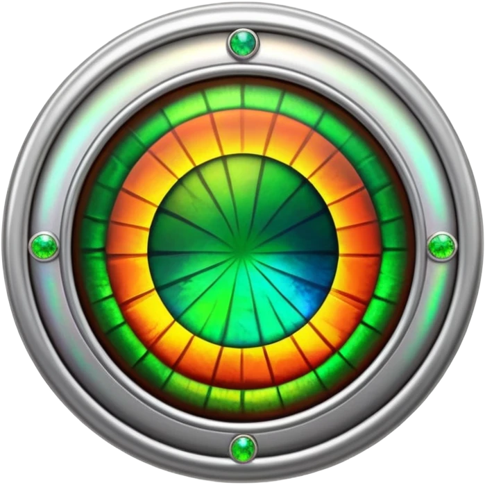 extra close-up round cut ammolite gemstone with holographic effect and elegant silver frame, no extra accents emoji