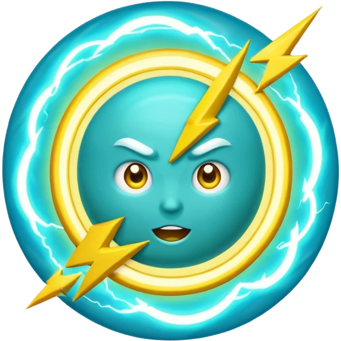 Uranus planet emoji in Apple-style, blue-green with dynamic rings, a large, fun, excited, and expressive face, and one big yellow lightning bolt in front, symbolizing chaotic and unexpected energy. emoji