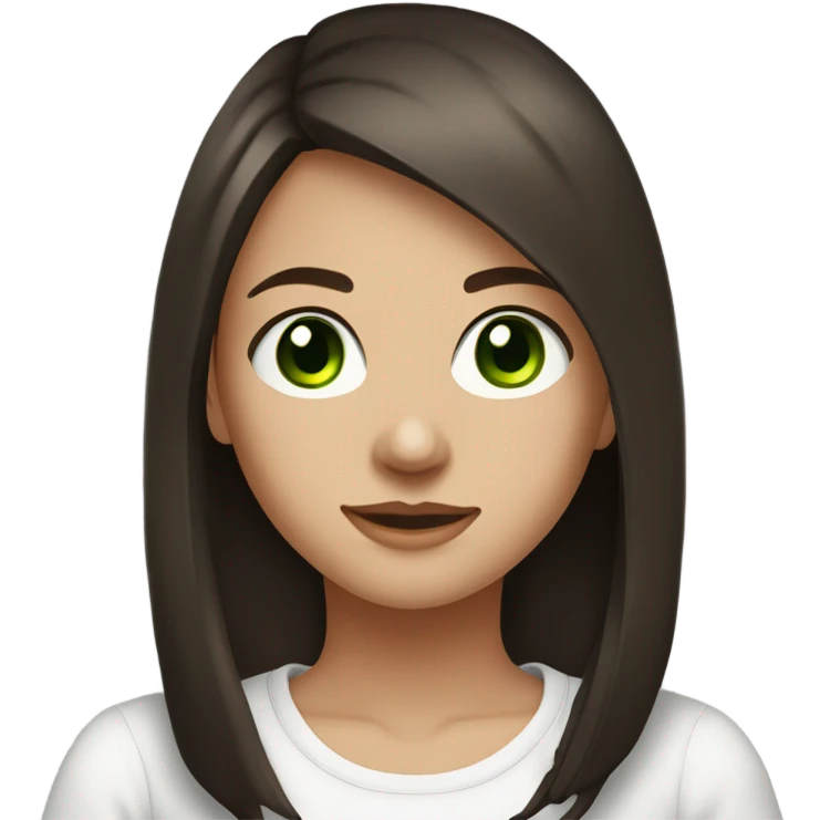 very pretty teenage girl, around 17 years old, dark brown hair with long bob and green eyes, she is wearing a white t-shirt emoji