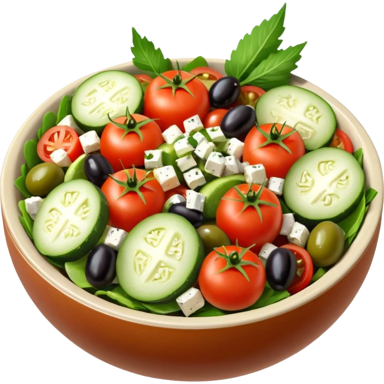 mediterranean salad bowl object icon, tomatoes, cucumbers, olives, feta cheese, olive oil dressing, 3D cartoon, mobile game icon style, clean background, no text, no watermark
 emoji