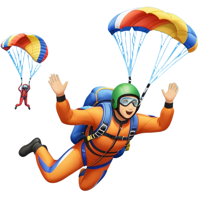 A skydiver free-falling through the clear sky, with a brightly colored parachute just about to open. The scene captures the thrill of the sport, with the vast expanse of the sky and distant ground below, emphasizing the excitement and adrenaline of parachuting emoji