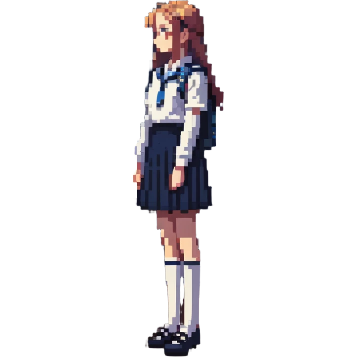 slender schoolgirl in navy uniform in classroom at sunset with dramatic shadows, one desk pulled out, gazing at window, feeling of longing emoji