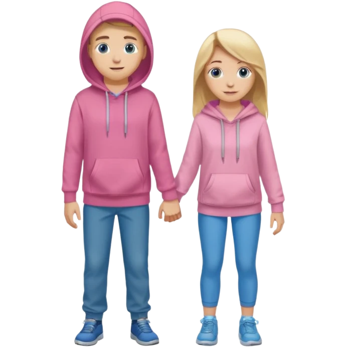 full-length happy couple, girl with long blonde hair and blue eyes in pink hoodie, boy with brown hair in gray hoodie emoji