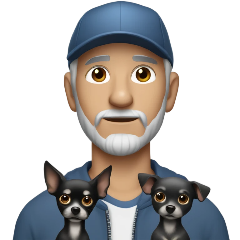 blue eyed man, with grey hair and grey goatee, wearing ball cap, holding long hair black chihuahua emoji