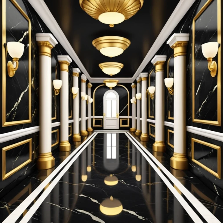 Luxurious black marble hallway with gold and white accents  emoji