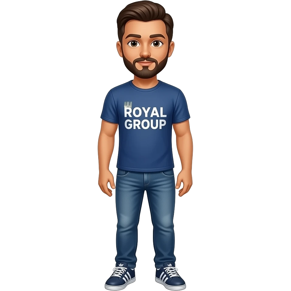 this same guy in royal group t-shirt, with dark brown hair, manicured beard and mustache, medium toned skin, classy jeans and classy adidas shoes/ sneakers emoji