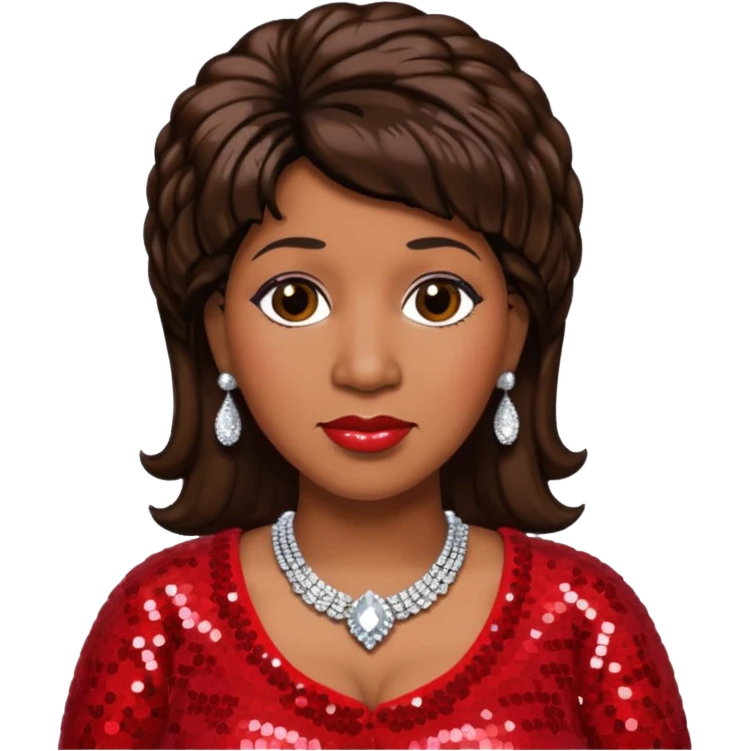 Aretha Franklin with dark brown hair, red sequin outfit emoji