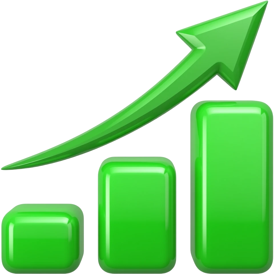 green bar chart growing upward with upward arrow, 
3 bars increasing in height left to right, bright green colors emoji