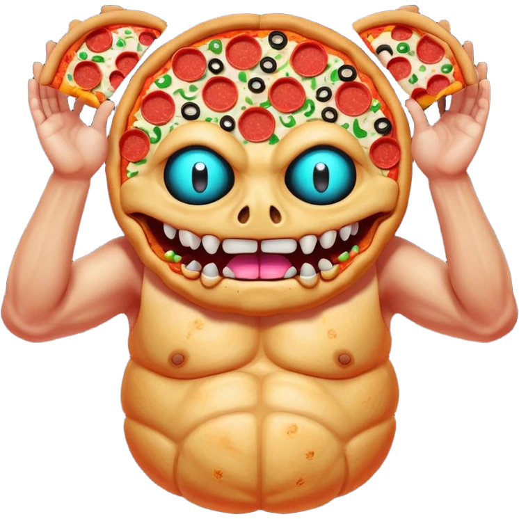 a glitch abomination with hands for a head, a baskeball stomach, pizza eyes emoji