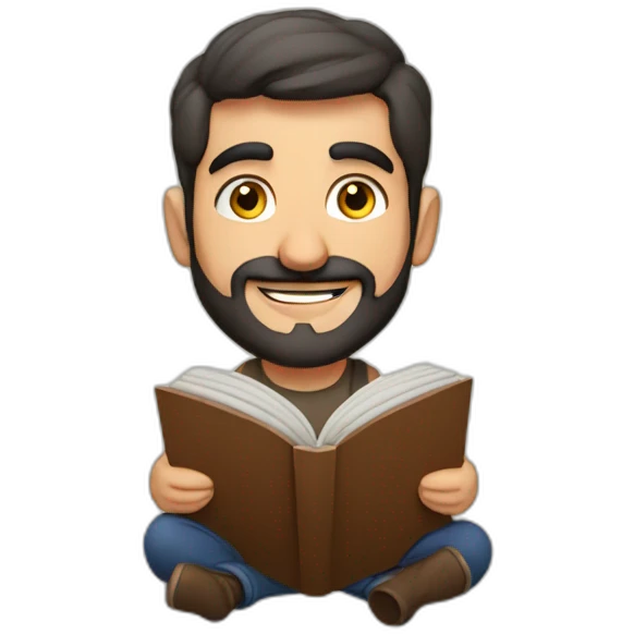 Armenian men sitting and reading interesting book and looking at camera and smiling  emoji