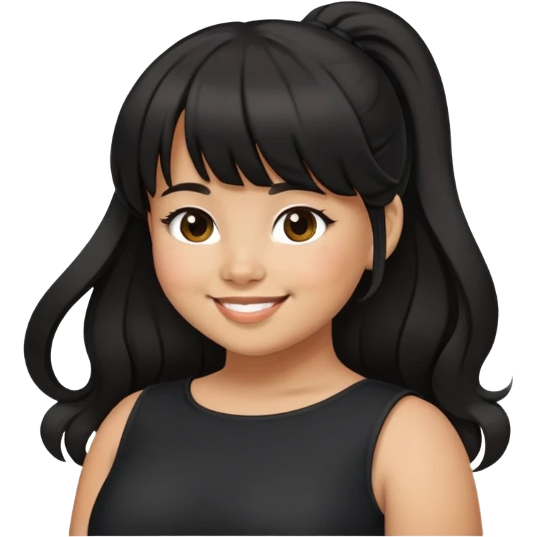Latina girl with bangs black long hair in pony tail plus size black dress love emoji
