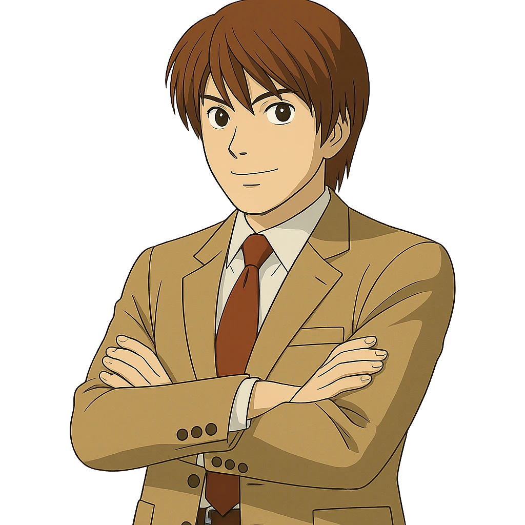 Create an exact Light Yagami in Ghibli style, standing with his arms crossed, wearing the same suit, and showing the same confident expression. Match the face, hair, and suit details exactly to the reference image. Transparent background. emoji