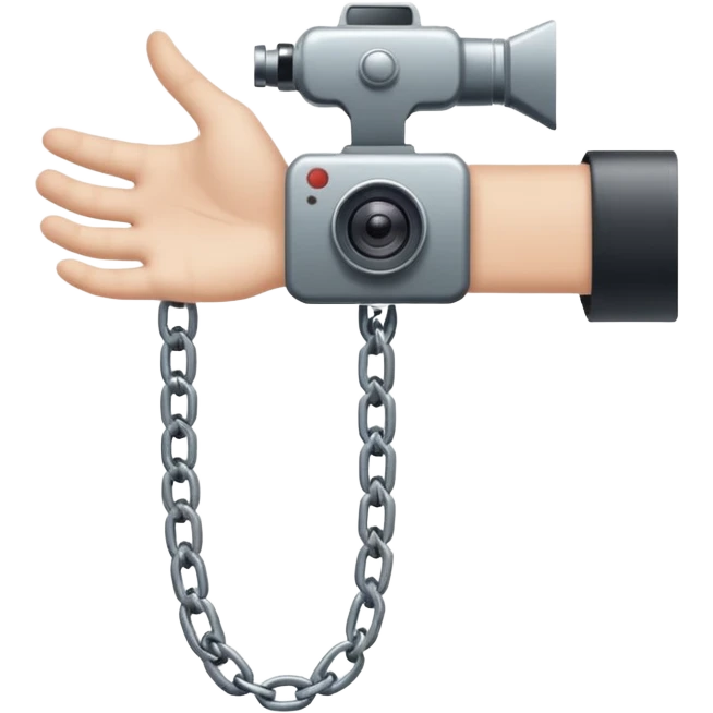 Minimalist emoji-style sticker of a human hand bound by a chain leading to a video camera. Icon-like, clean silhouette, muted tones. emoji