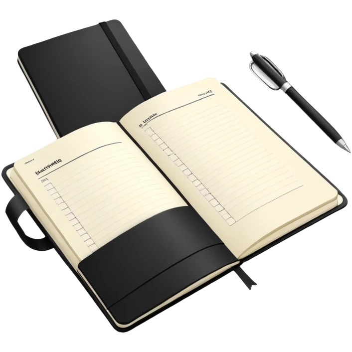 An elegant Moleskine notebook with elastic band, open to display a meeting agenda with items listed emoji