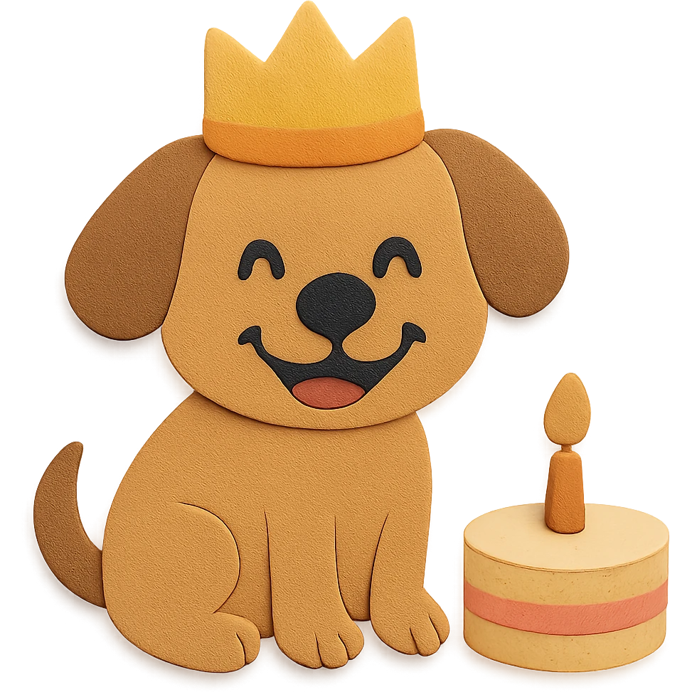 Make the puppy look happy, add a big smile and cheerful eyes, keep the birthday crown and mini cake emoji