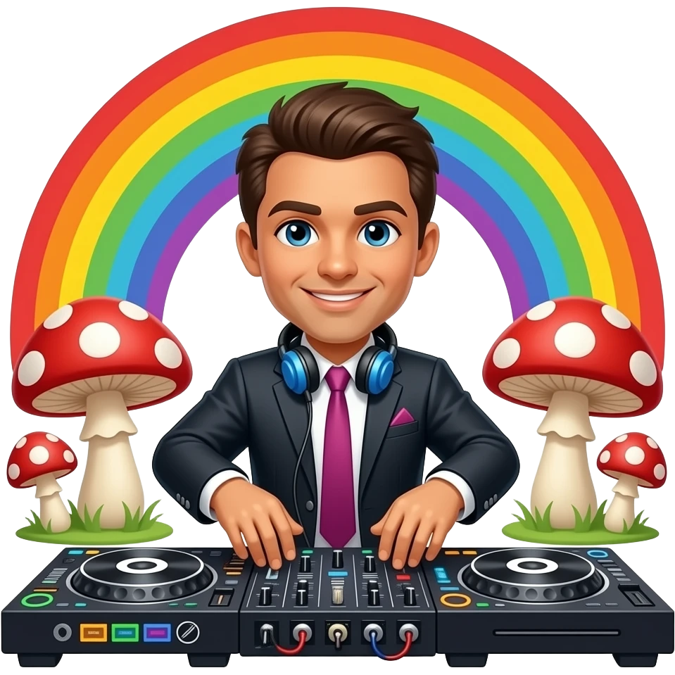 Show a DJ behind a console with psychedelic mushrooms rainbow background emoji