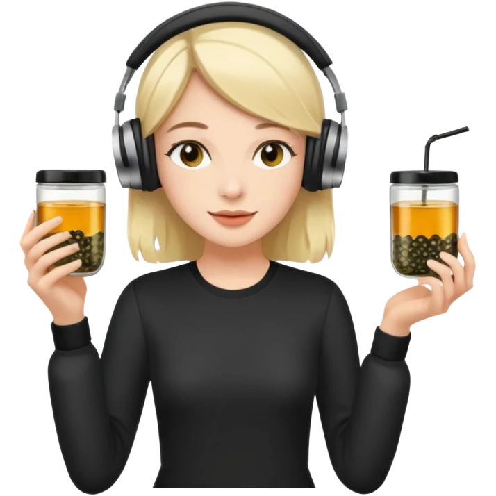 a young woman full length walks with headphones on with a caviar toast in one hand and herbal tea in the other hand emoji