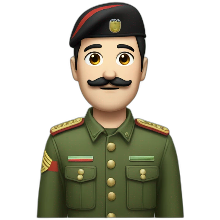 German man with black hair and a black square mustache, green army jacket with red stripes, green army cap emoji