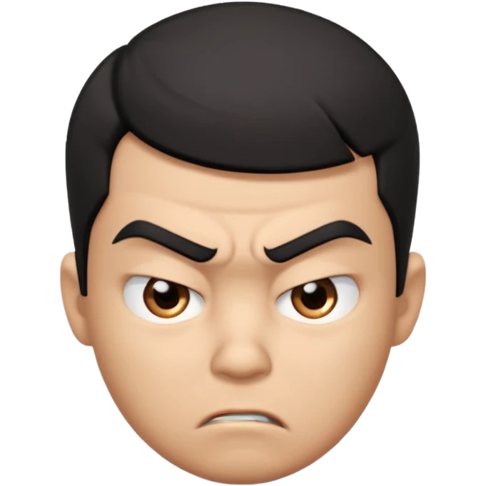 Create a 3D cartoon-style boy character with light brown skin, short straight black hair swept to one side covering part of his forehead, and an angry or annoyed expression. Sharp eyebrows, narrowed eyes, and lips pressed in irritation. emoji