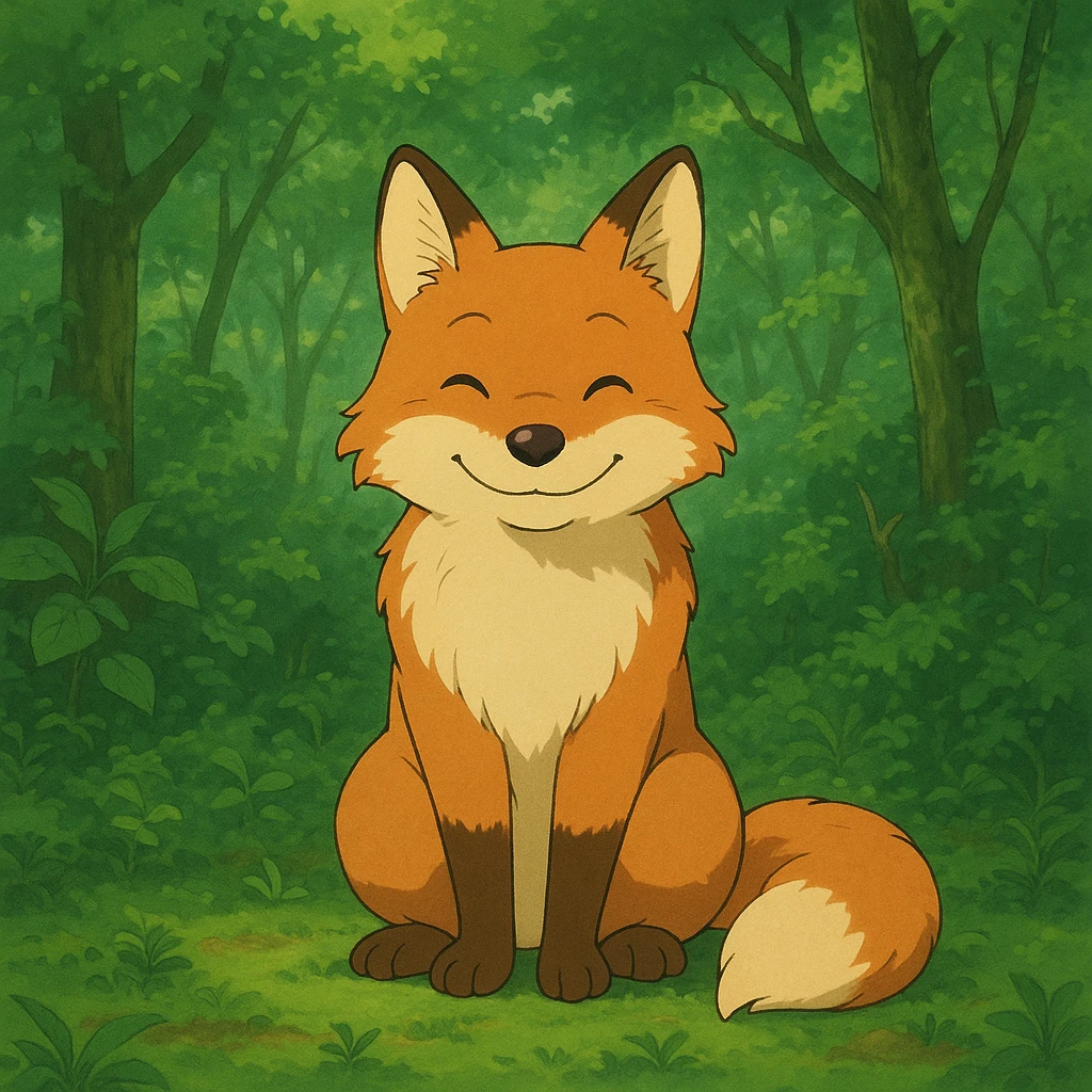 a friendly fox sitting in a lush green forest, ghibli style emoji