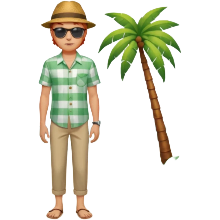 Chico moreno, joven ojos verdes,vestid camisa pantalón playa cuerpo entero, pelirrojo emoji