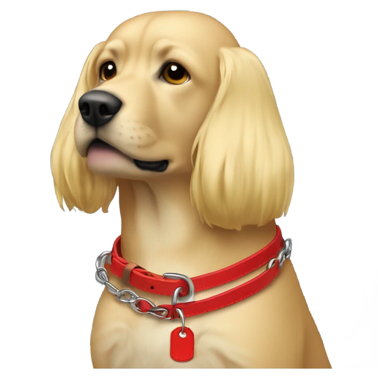 Put a Red leather dog collar and golden tag on a blond white human female with medium length hair and add a red leash connected to the collar emoji