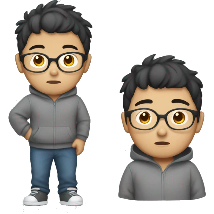 asian boy with bad haircut, glasses, grey hoodie, chuby emoji