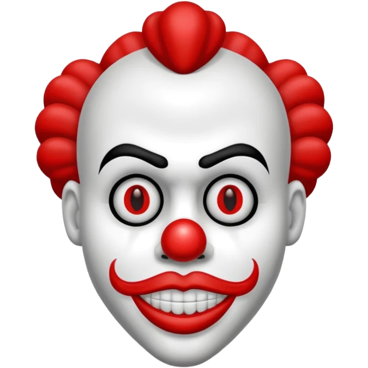 Crea un payaso con cara blanca sin pelo con cuernos negros y un traje rojo con negro emoji