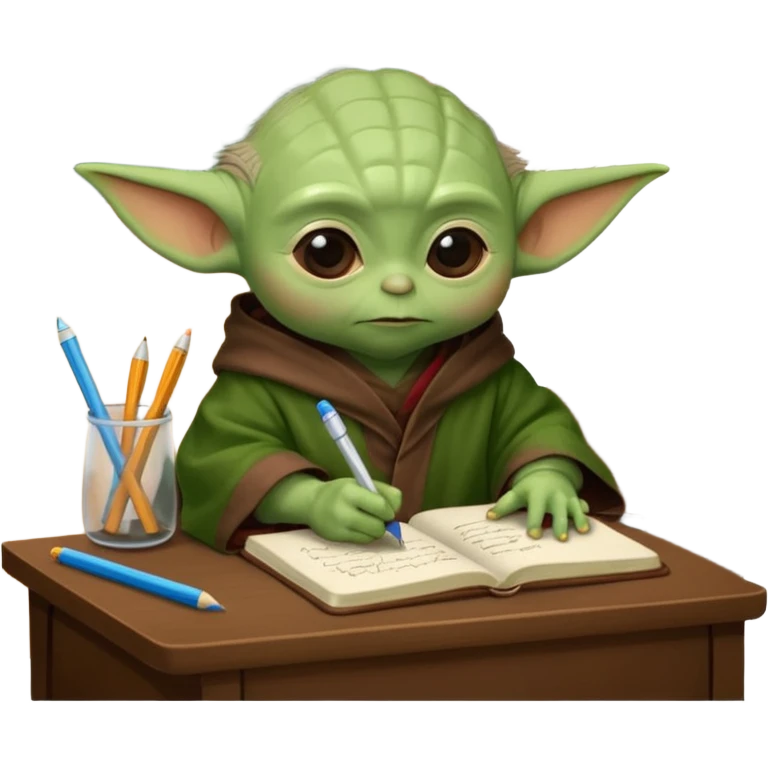 Baby Yoda con su tunica chocolate escribiendo en un cuaderno sobre un escritorio en un aula de clases emoji