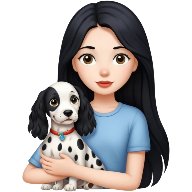 A girl with long black hair is holding a Dalmatian emoji