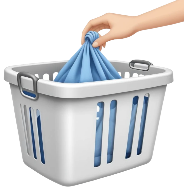 hands placing clothes in a laundry hamper, clean and clear emoji