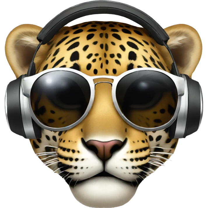 cool jaguar dj, round emoji face, looking forward, wearing cool sunglasses, wearing over-ear headphones on top of head emoji