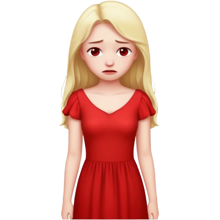 sad girl in a long red dress, looking down, emoji style emoji