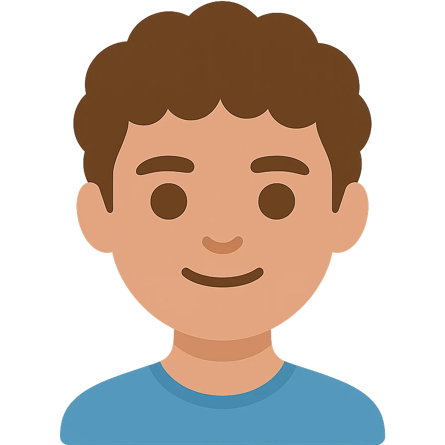 good looking young adult boy with brown curly hair and brown eyes, color icon emoji