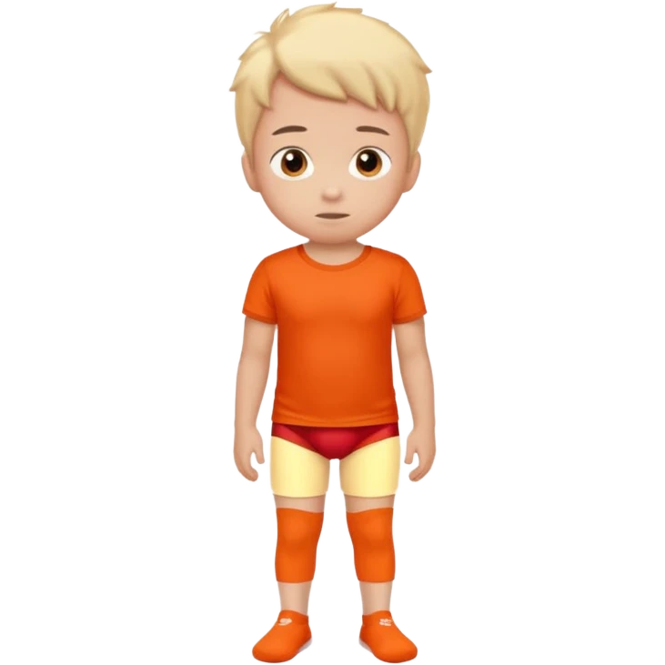 A kid wearing a red pooped underwear with a orange t-shirt looking back emoji