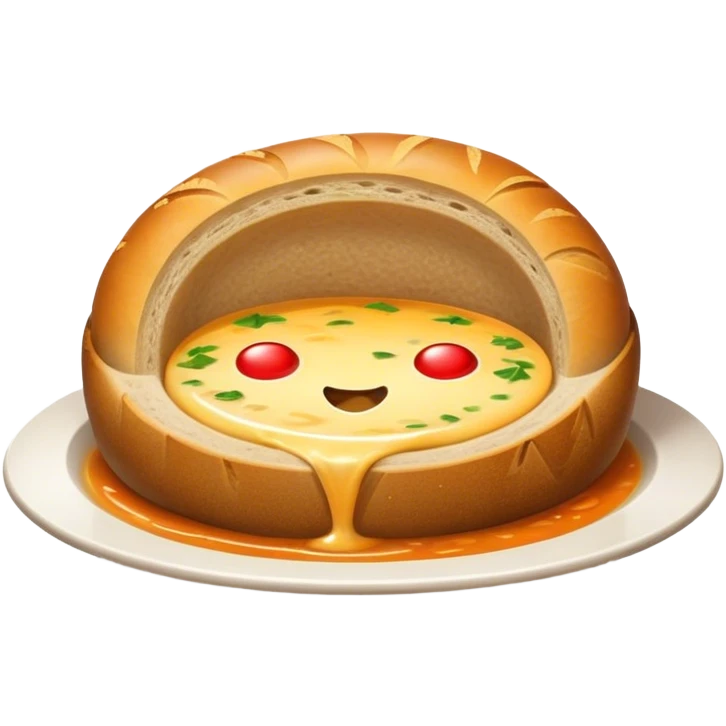 Żurek Cinematic Realistic Żurek Soup Dish Emoji, depicted as a tangy rye soup served inside a hollowed-out round loaf of bread, rendered with rich textures and dynamic, comforting lighting. emoji