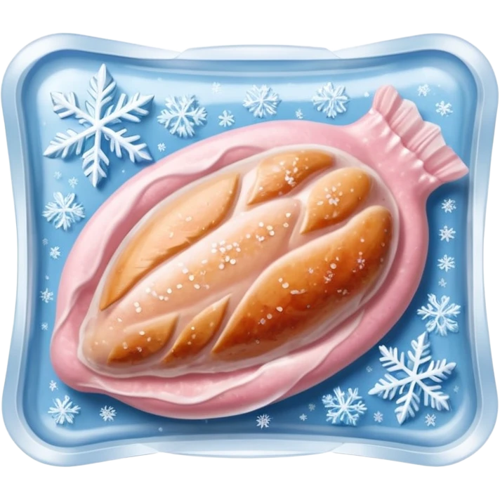 A pack of frozen chicken breasts sealed in transparent plastic packaging, covered with frost and ice crystals. The meat looks pale pink with a slight icy glaze, sitting in a freezer with cool blue lighting. Realistic detail, cold atmosphere, food photography style. emoji