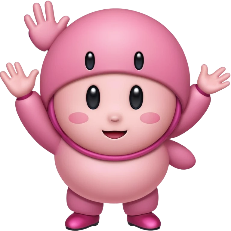 Kirby waving hands while dancing, round pink character, cute face, playful emoji