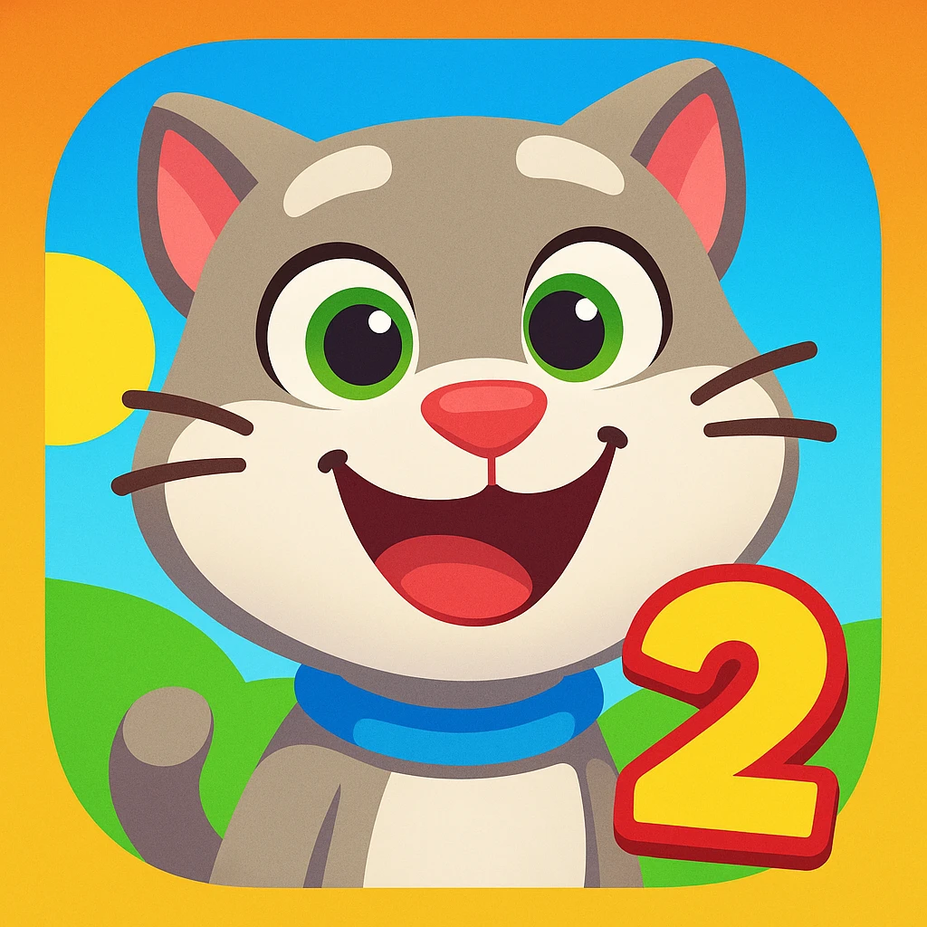 app icon inspired by My Talking Tom Friends 2, featuring a playful cartoon cat with a number 2, bright colors, fun friendly vibe emoji
